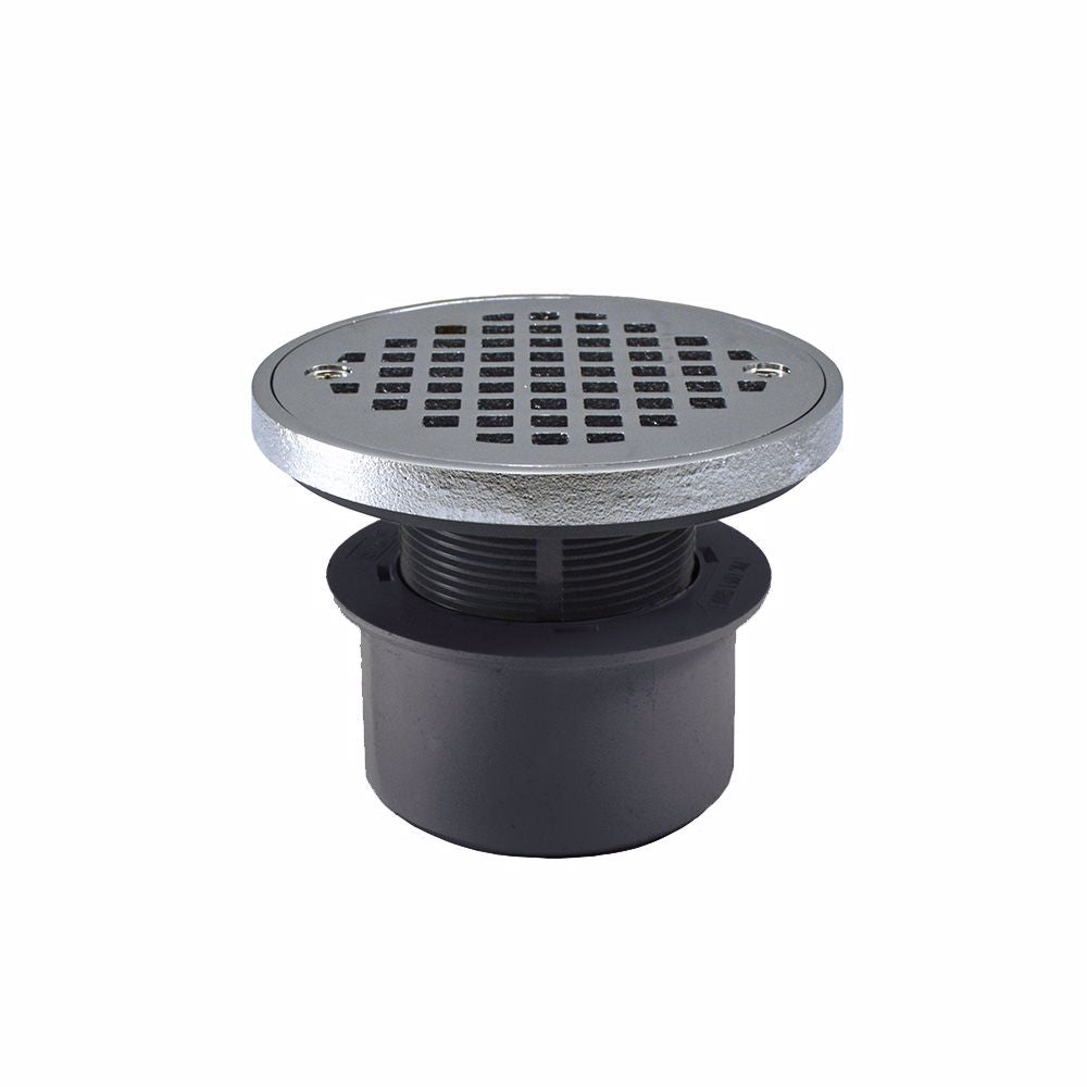 Jones Stephens D53294 3" PVC Inside Pipe Fit Drain Base with 2" Plastic Spud and 4" Chrome Plated Strainer with Ring