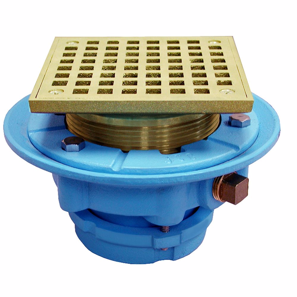 Jones Stephens D65512 2" No Caulk Mechanical Joint Code Blue Floor Drain with 7" Pan and 6" Polished Brass Square Strainer - Height 4-1/4" - 5-1/4"