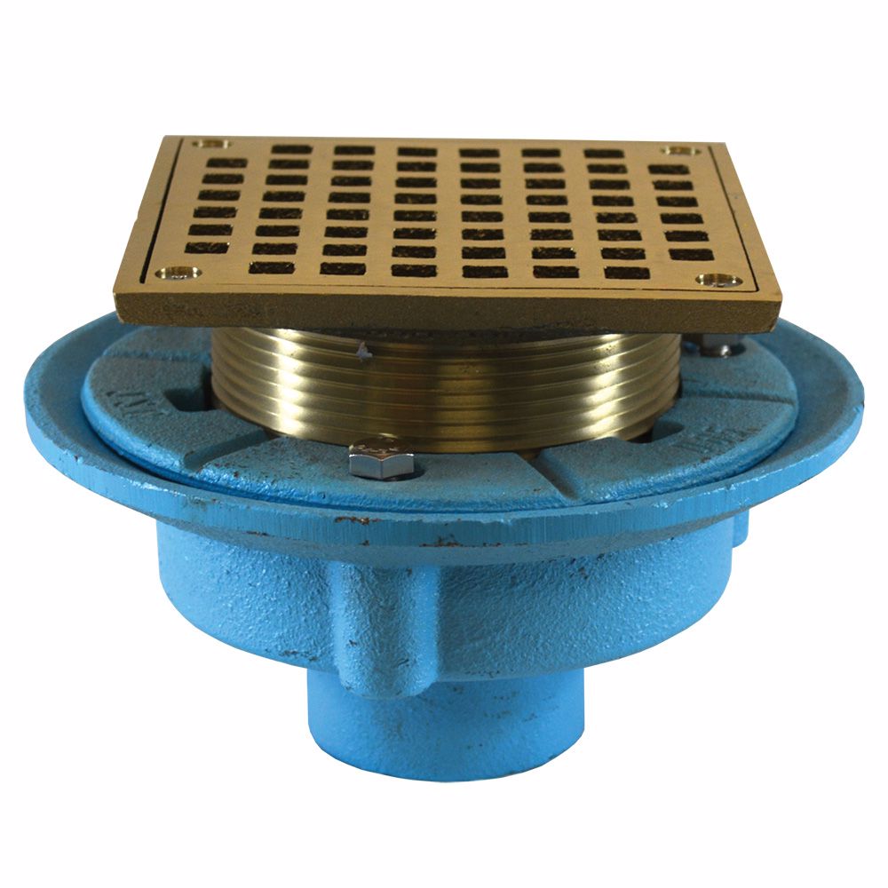 Jones Stephens D65569 2" No Hub Code Blue Floor Drain with 7" Pan and 5" Nickel Bronze Square Strainer - Height 3-1/4" - 5-1/4"