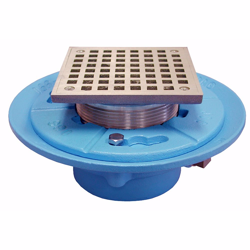 Jones Stephens D65570 2" No Hub Code Blue Floor Drain with 7" Pan and 6" Nickel Bronze Square Strainer - Height 4" - 5-1/4"