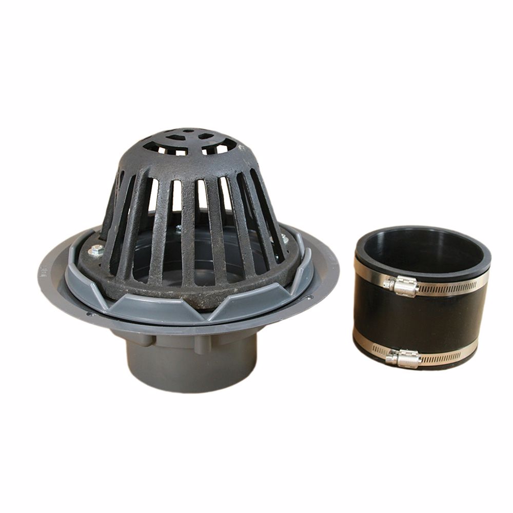 Jones Stephens R18023 4” PVC Roof Drain with Cast Iron Dome with Flexible Coupling