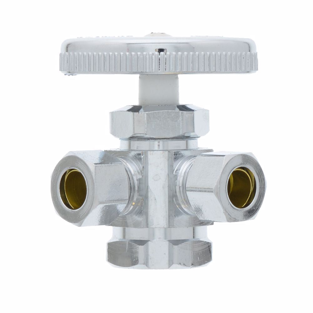 Jones Stephens S10411 1/2" FIP x 3/8" OD Comp x 3/8" OD Comp Dual Outlet Angle Supply Stop Valve, Chrome Plated