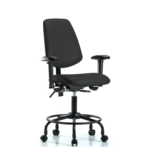 Blue Ridge Ergonomics VDHCH-MB-RT-T0-A1-RC-8540 Rutledge Vinyl Chair - Desk Height with Round Tube Base, Medium Back, Adjustable Arms, & Casters in Black Trailblazer™ Vinyl
