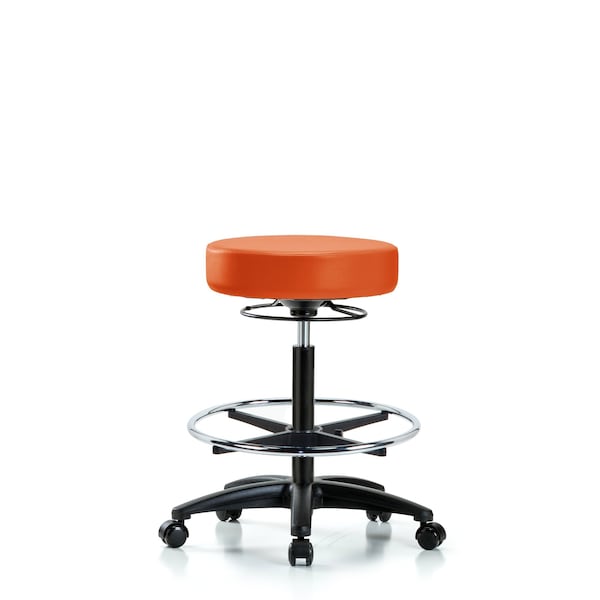 Blue Ridge Ergonomics VHBSO-RG-CF-RC-8613 Rutledge Vinyl Stool without Back - High Bench Height with Chrome Foot Ring & Casters in Orange Kist Trailblazer™ Vinyl