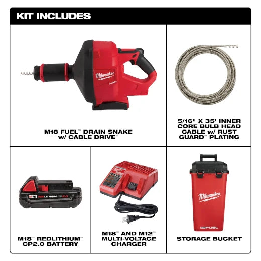 Milwaukee Tool 2772A-21 M18 FUEL™ Drain Snake w/ CABLE DRIVE™ with 5/16” Cable, 1 ST