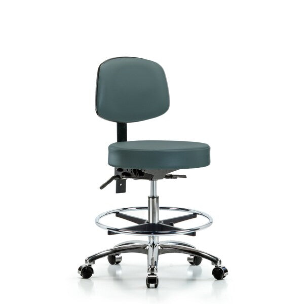 Blue Ridge Ergonomics VMBST-CR-T1-CF-CC-8546 Rutledge Vinyl Stool with Back Chrome - Medium Bench Height with Seat Tilt, Chrome Foot Ring, & Casters in Colonial Blue Trailblazer™ Vinyl