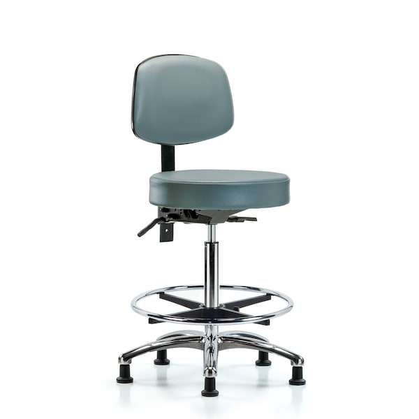 Blue Ridge Ergonomics VHBST-CR-T0-CF-RG-8822 Rutledge Vinyl Stool with Back Chrome - High Bench Height with Chrome Foot Ring & Stationary Glides in Storm Supernova™ Vinyl