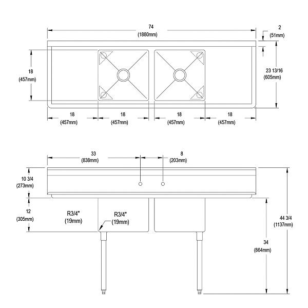 Elkay 2C18X18-2-18X Dependabilt Stainless Steel 74" x 23-13/16" x 44-3/4" 16 Gauge Two Compartment Sink w/ 18" Left and Right Drainboards and Stainless Steel Legs