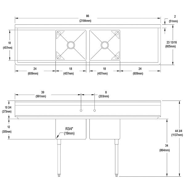 Elkay 2C18X18-2-24X Dependabilt Stainless Steel 86" x 23-13/16" x 44-3/4" 16 Gauge Two Compartment Sink w/ 24" Left and Right Drainboards and Stainless Steel Legs