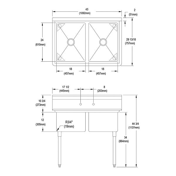 Elkay 2C18X24-0X Dependabilt Stainless Steel 43" x 29-13/16" x 44-3/4" 16 Gauge Two Compartment Sink with Stainless Steel Legs