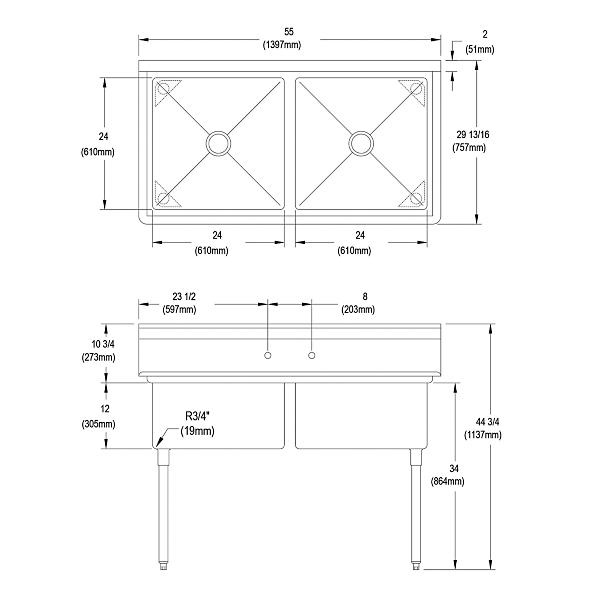 Elkay 2C24X24-0X Dependabilt Stainless Steel 55" x 29-13/16" x 44-3/4" 16 Gauge Two Compartment Sink with Stainless Steel Legs