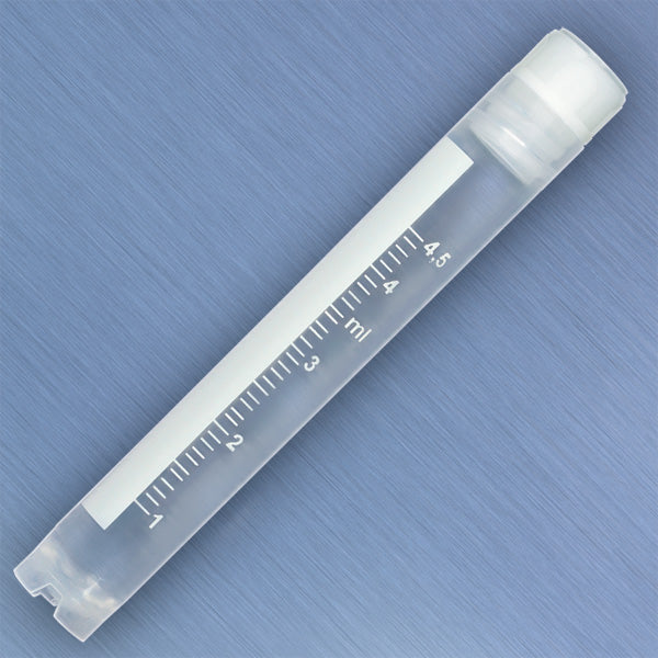 Globe Scientific 3008-50 CryoCLEAR vials 5.0mL STERILE Internal Threads Attached Screwcap with Co-Molded Thermoplastic Elastomer (TPE) Sealing Layer Round Bottom Self-Standing Printed Graduations Writing Space and Barcode 50/Bag