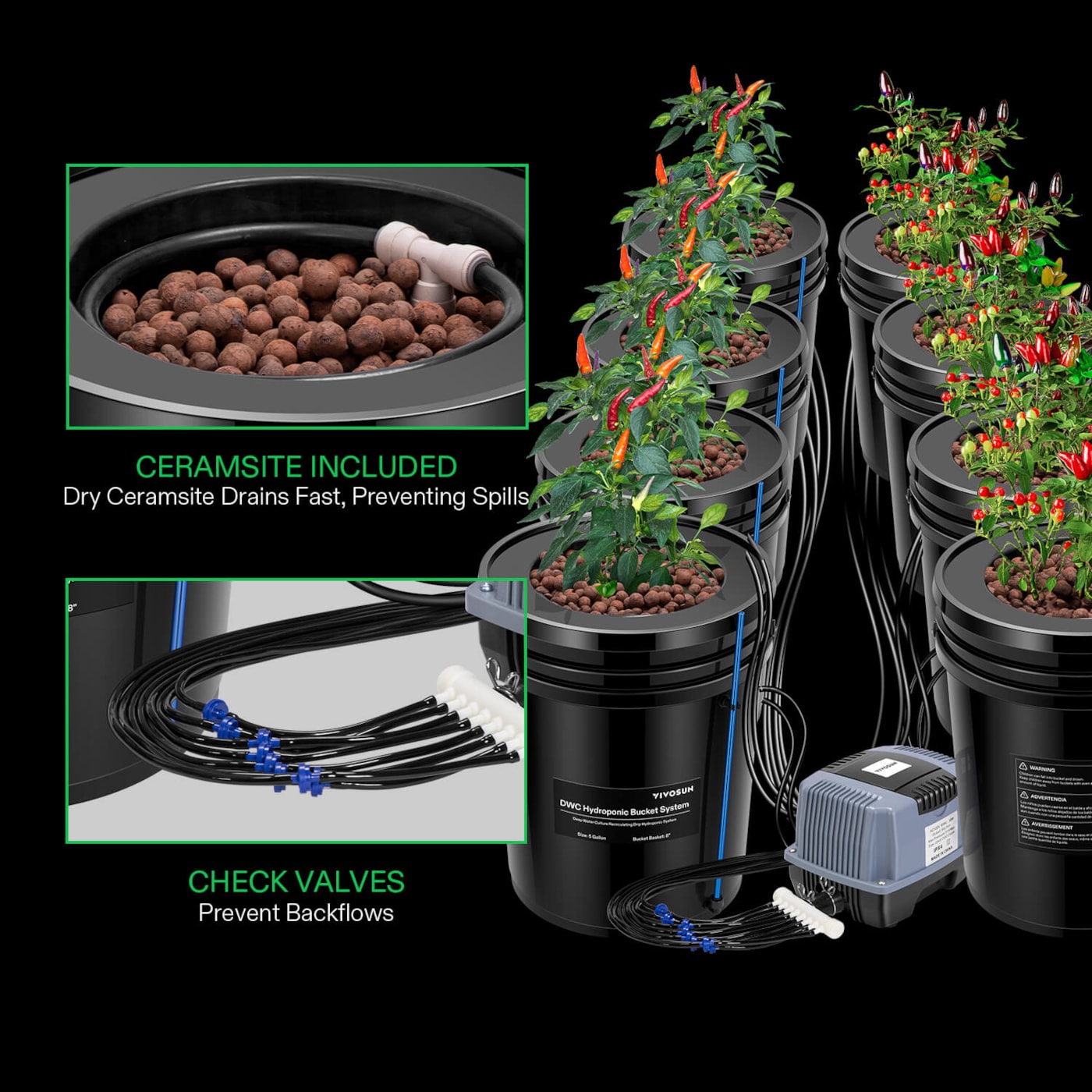 Vivosun 5 Gallon DWC Hydroponic System Kit (8 Bucket, Black)