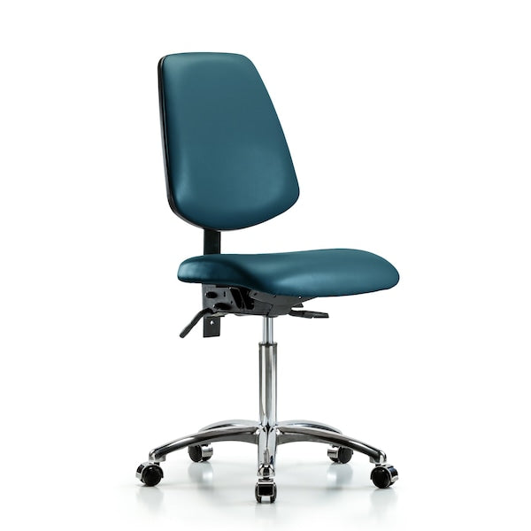 Blue Ridge Ergonomics VMBCH-MB-CR-T1-A0-NF-CC-8801 Rutledge Vinyl Chair Chrome - Medium Bench Height with Medium Back, Seat Tilt, & Casters in Marine Blue Supernova™ Vinyl