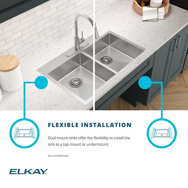Elkay ECTSRAD3322600 Crosstown® 18 Gauge Stainless Steel 33" x 22" x 6", Equal 0-Hole Double Bowl Dual Mount ADA Sink