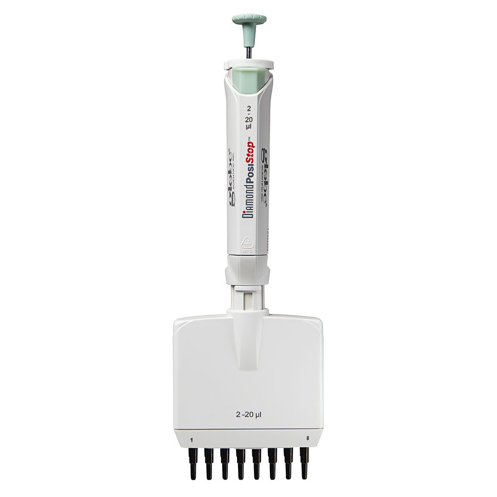 Globe Scientific 3364-20 Pipette Diamond PosiStop Fully Autoclavable 8-Channel Adjustable volume 2 - 20ul Red