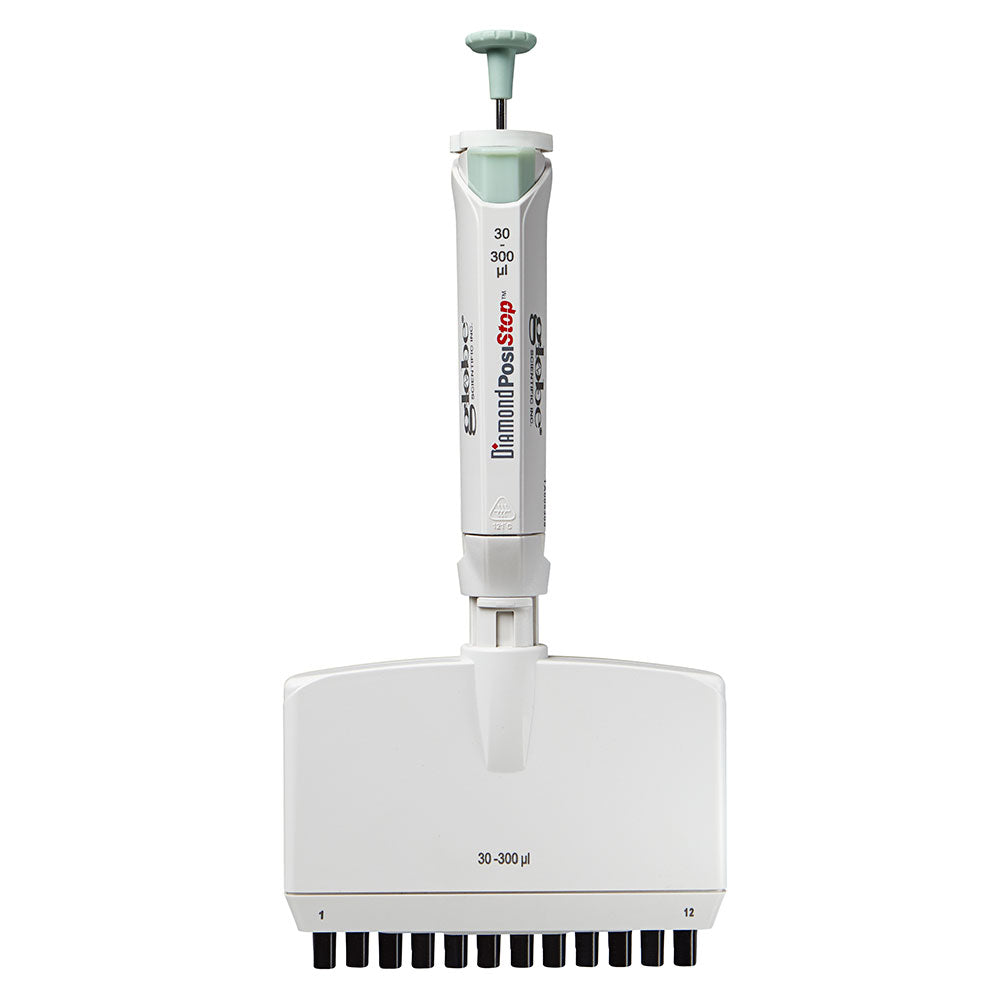 Globe Scientific 3365-300 Pipette Diamond PosiStop Fully Autoclavable 12-Channel Adjustable volume 30 - 300ul Yellow
