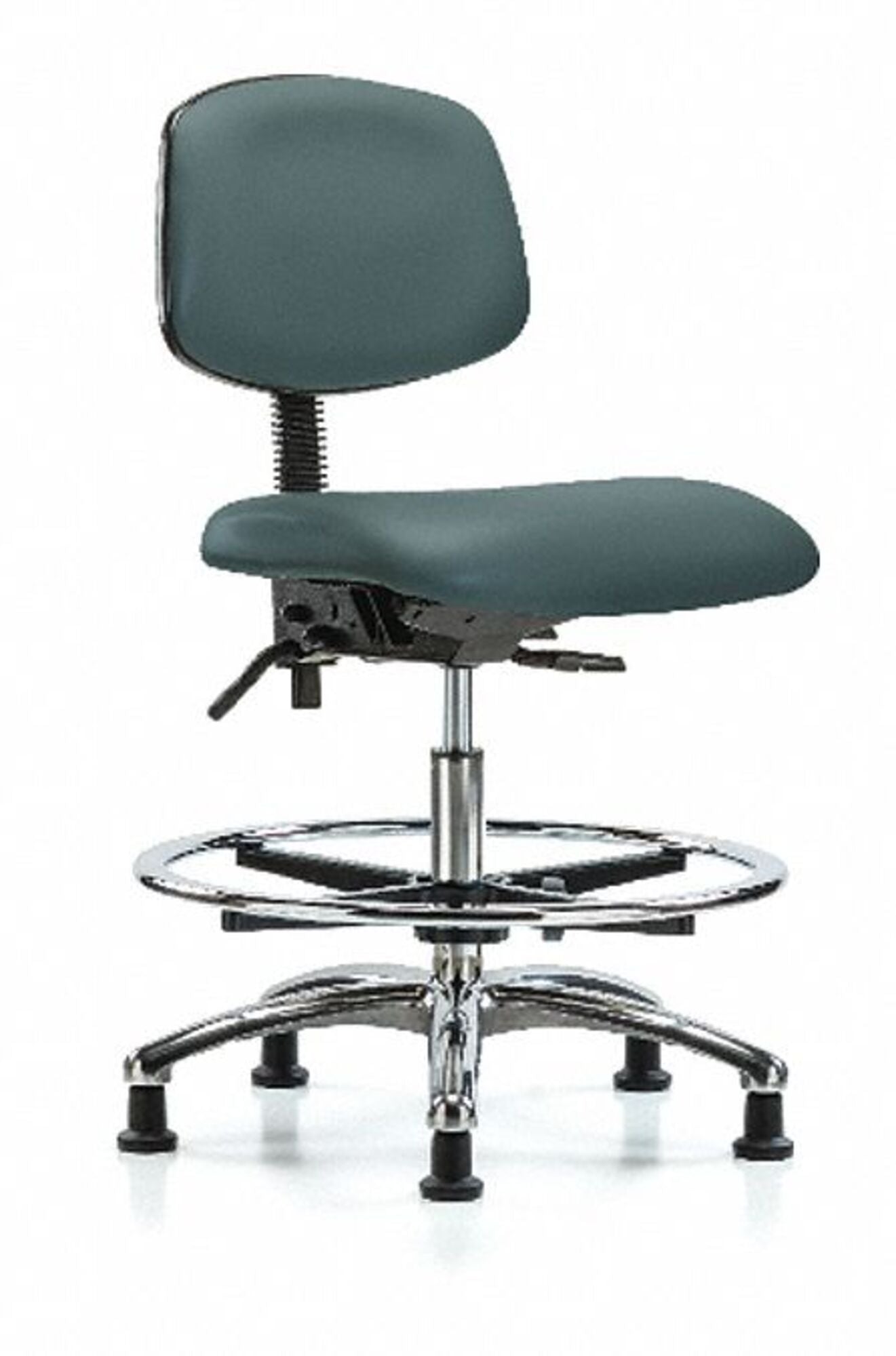 Blue Ridge Ergonomics VMBCH-CR-T1-A0-CF-RG-8546 Rutledge Vinyl Chair Chrome - Medium Bench Height with Seat Tilt, Chrome Foot Ring, & Stationary Glides in Colonial Blue Trailblazer™ Vinyl