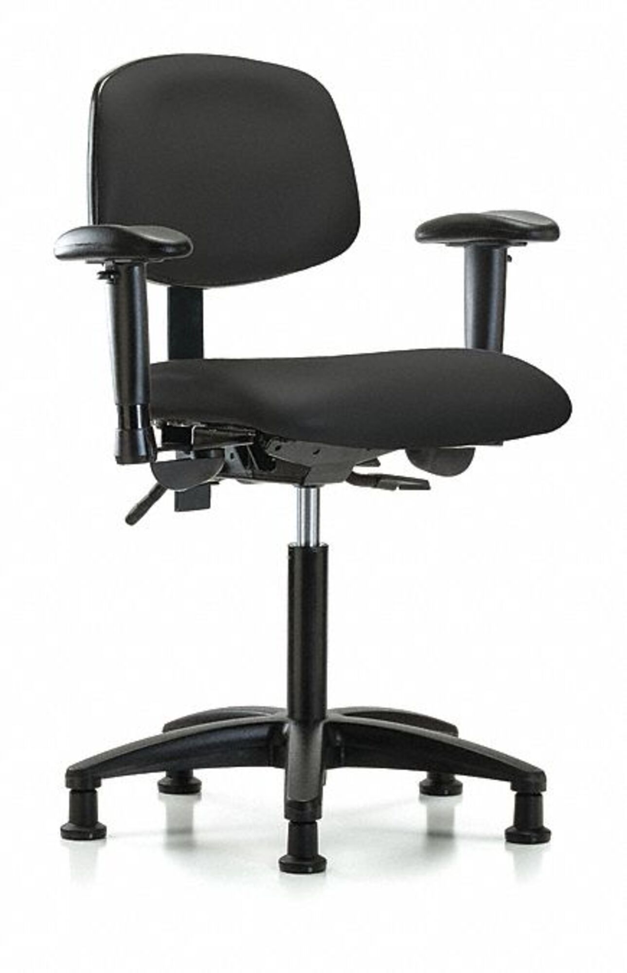 Blue Ridge Ergonomics VMBCH-RG-T1-A1-NF-RG-8540 Rutledge Vinyl Chair - Medium Bench Height with Seat Tilt, Adjustable Arms, & Stationary Glides in Black Trailblazer™ Vinyl