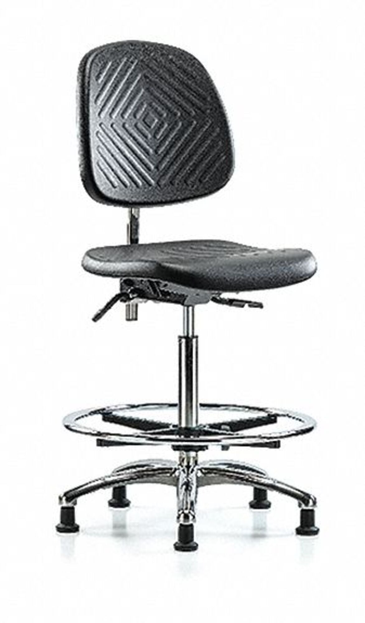Blue Ridge Ergonomics PHBCH-MB-CR-T0-A0-CF-RG-BLK Polyurethane Chair Chrome - High Bench Height with Medium Back, Chrome Foot Ring, & Stationary Glides in Black Polyurethane