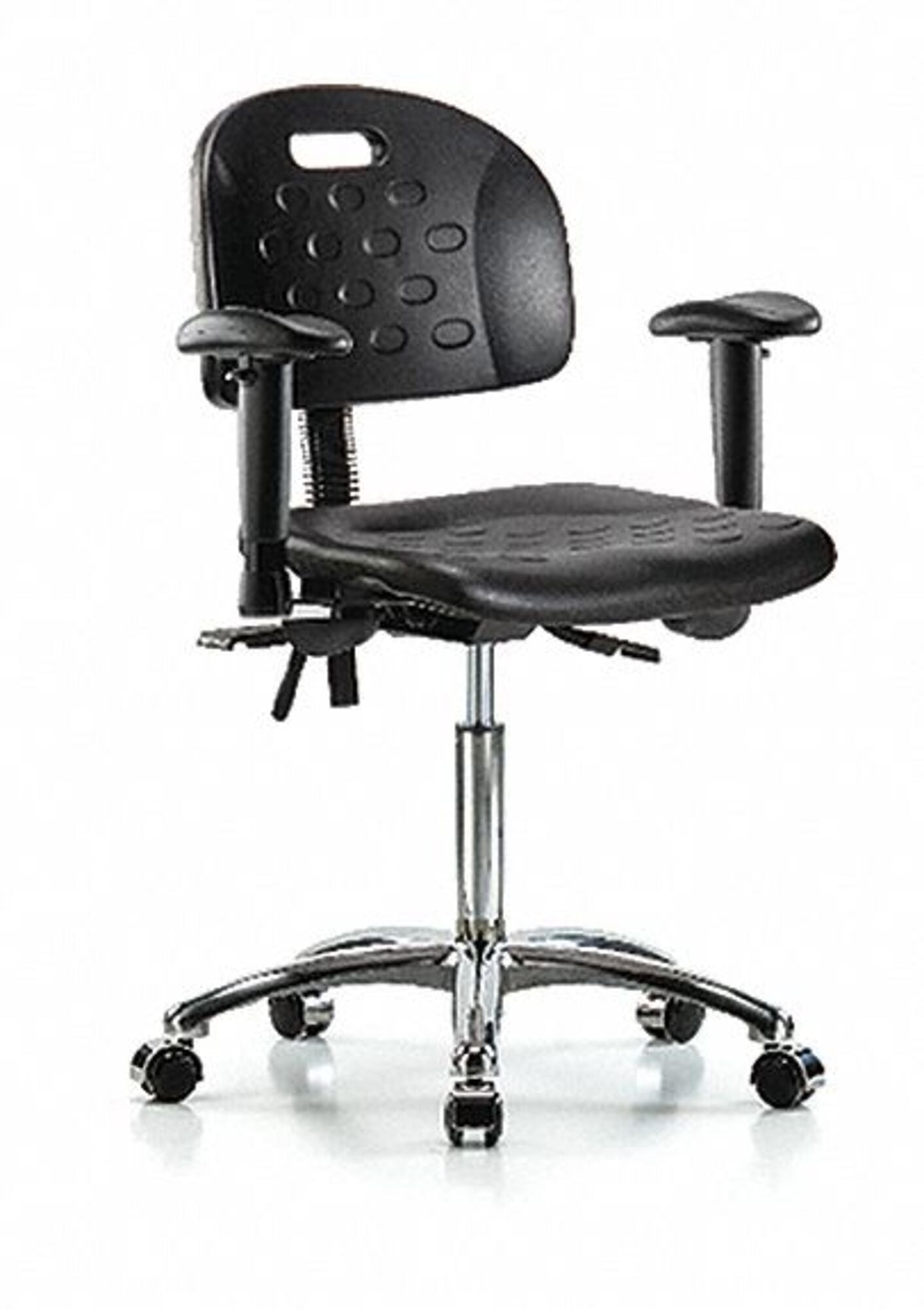 Blue Ridge Ergonomics HPMBCH-CR-T1-A1-NF-CC-BLK Newport Industrial Polyurethane Chair Chrome - Medium Bench Height with Seat Tilt, Adjustable Arms, & Casters in Black Polyurethane