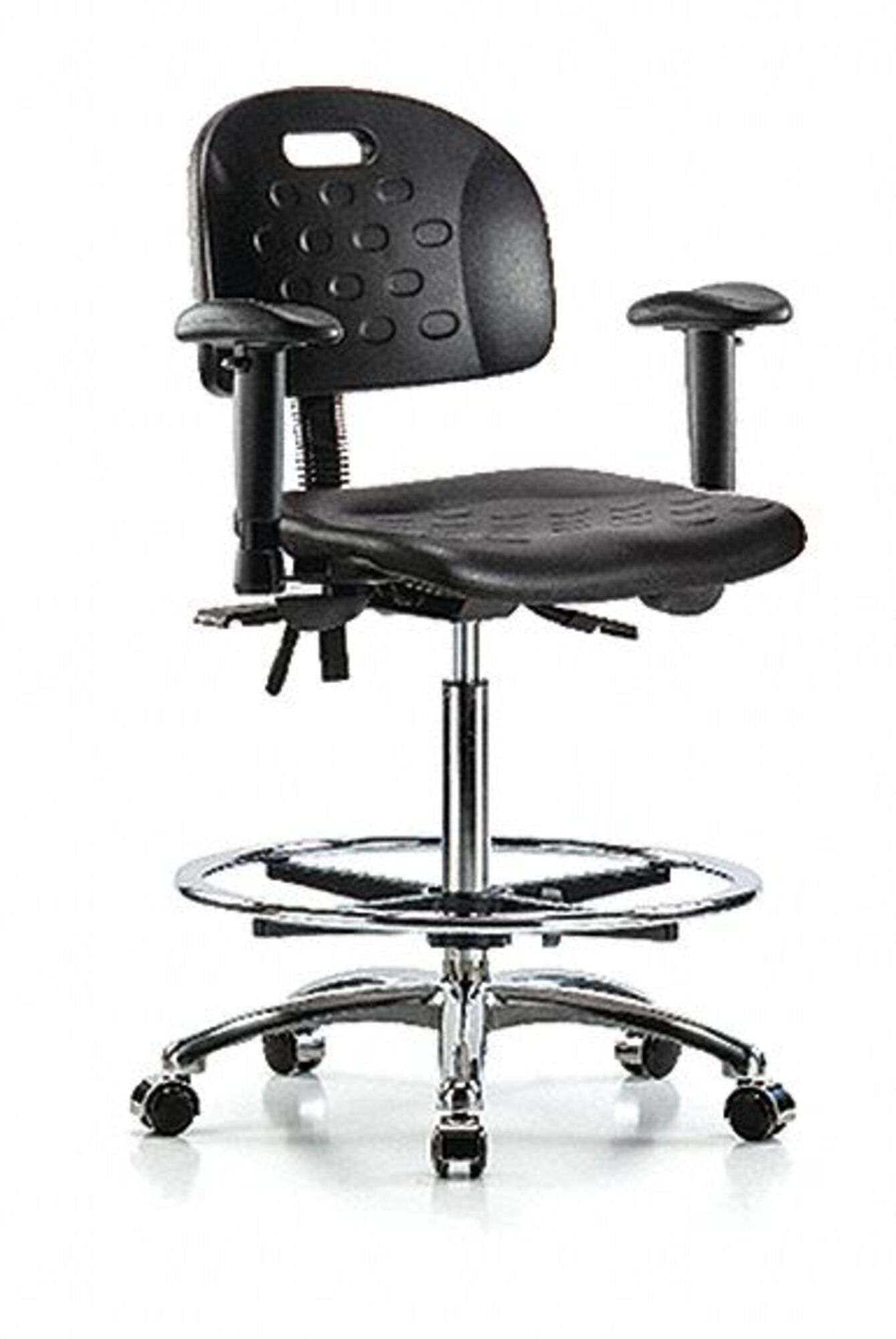 Blue Ridge Ergonomics HPHBCH-CR-T1-A1-CF-CC-BLK Newport Industrial Polyurethane Chair Chrome - High Bench Height with Seat Tilt, Adjustable Arms, Chrome Foot Ring, & Casters in Black Polyurethane