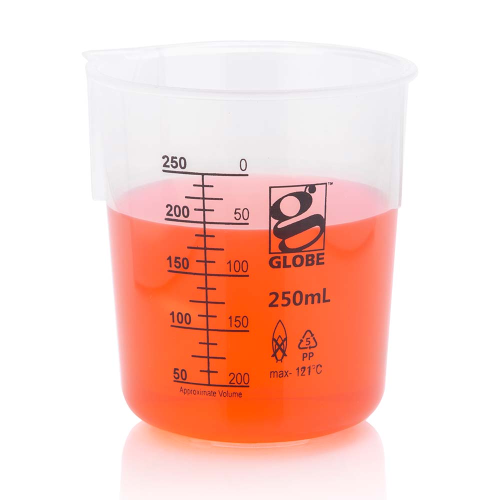 Globe Scientific 3650-250 Beaker Diamond Essentials Griffin Style Low Form Printed Graduations PP 250mL 6/Bag