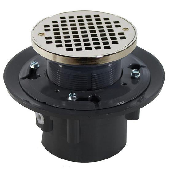 Jones Stephens D49145 3" x 4" Heavy Duty PVC Drain Base with 3-1/2" Plastic Spud and 6" Nickel Bronze Strainer with Ring