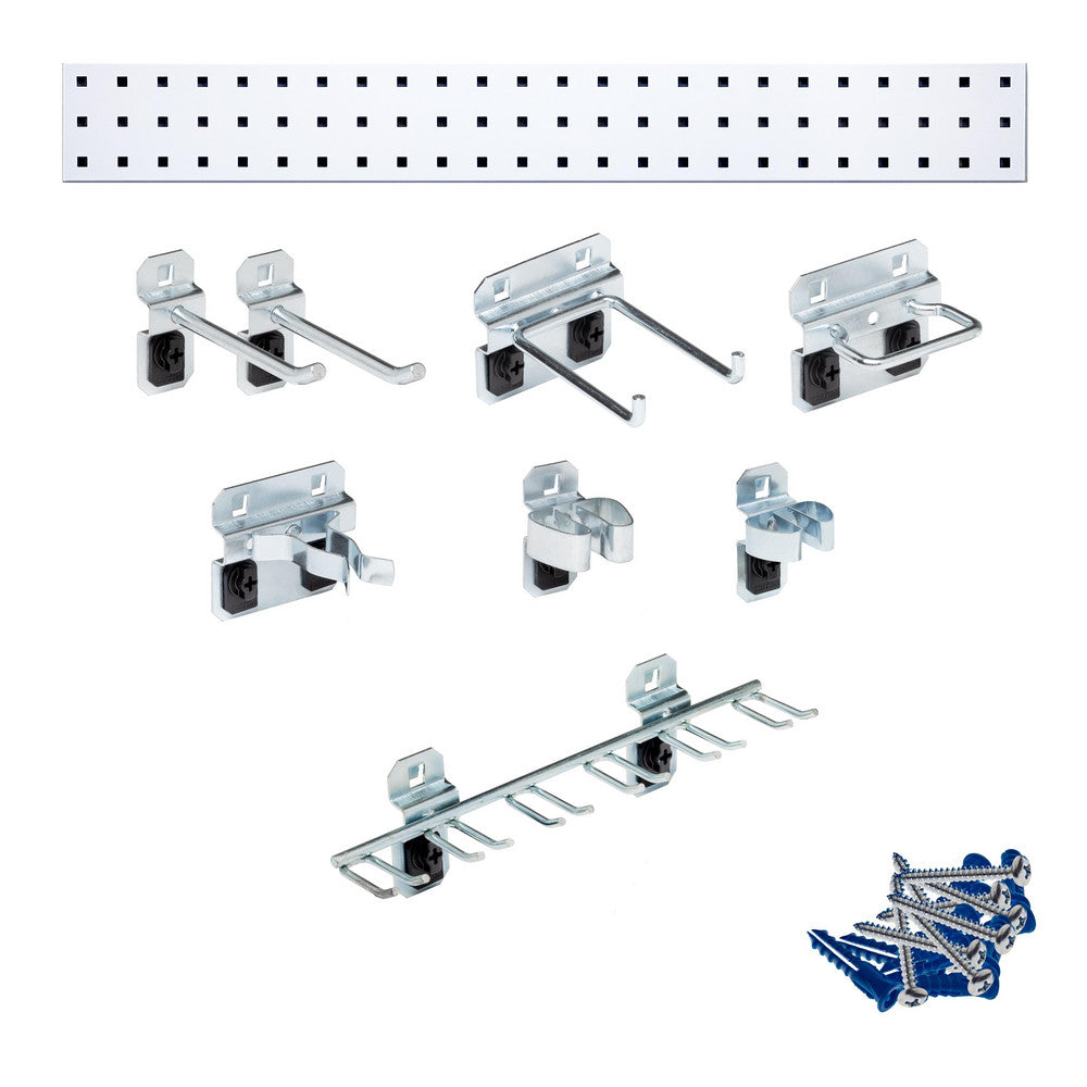 Triton Products LBS36T-WHT White Tool Pegboard Kit with (1) 36" x 4.5" 18 Gauge Steel Square Hole Pegboard and 8 pc LocHook Assortment