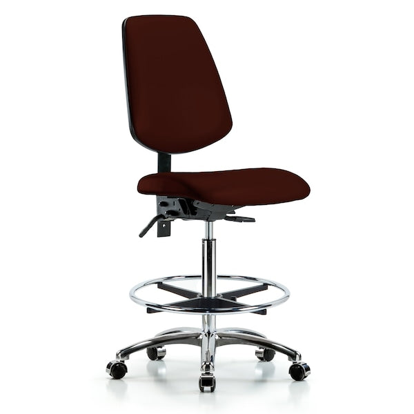 Blue Ridge Ergonomics VHBCH-MB-CR-T0-A0-CF-CC-8569 Rutledge Vinyl Chair Chrome - High Bench Height with Medium Back, Chrome Foot Ring, & Casters in Burgundy Trailblazer™ Vinyl