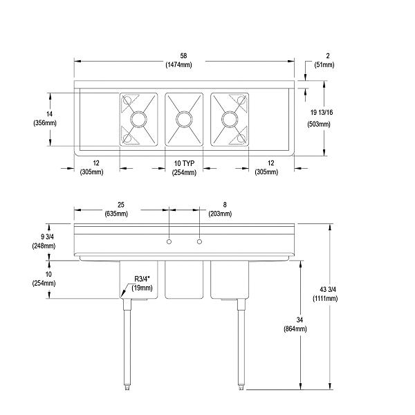 Elkay 3C10X14-2-12X Dependabilt Stainless Steel 58" x 19-13/16" x 43-3/4" 16 Gauge Three Compartment Sink w/ 12" Left and Right Drainboards and Stainless Steel Legs