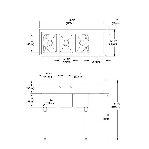 Elkay 3C10X14-R-12X Dependabilt Stainless Steel 48-1/2" x 19-13/16" x 43-3/4" 16 Gauge Three Compartment Sink w/ 12" Right Drainboard and Stainless Steel Legs