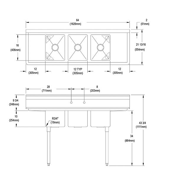 Elkay 3C12X16-2-12X Dependabilt Stainless Steel 64" x 21-13/16" x 43-3/4" 16 Gauge Three Compartment Sink w/ 12" Left and Right Drainboards and Stainless Steel Legs