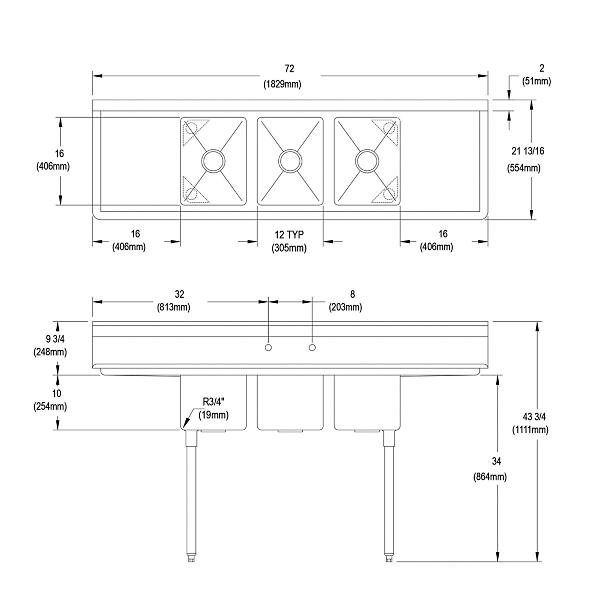 Elkay 3C12X16-2-16X Dependabilt Stainless Steel 72" x 21-13/16" x 43-3/4" 16 Gauge Three Compartment Sink w/ 16" Left and Right Drainboards and Stainless Steel Legs