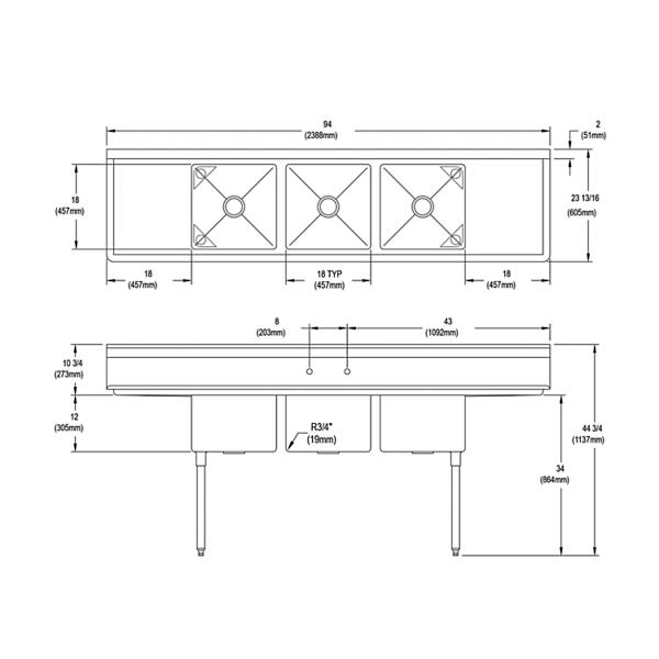 Elkay 3C18X18-2-18X Dependabilt Stainless Steel 94" x 23-13/16" x 44-3/4" 16 Gauge Three Compartment Sink w/ 18" Left and Right Drainboards and Stainless Steel Legs