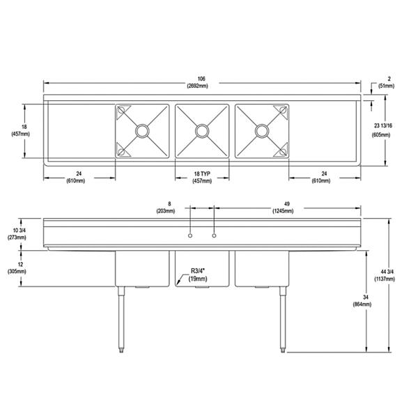 Elkay 3C18X18-2-24X Dependabilt Stainless Steel 106" x 23-13/16" x 44-3/4" 16 Gauge Three Compartment Sink w/ 24" Left and Right Drainboards & Stainless Steel Legs