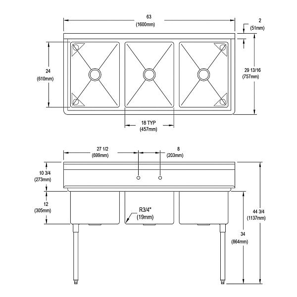 Elkay 3C18X24-0X Dependabilt Stainless Steel 63" x 29-13/16" x 44-3/4" 16 Gauge Three Compartment Sink with Stainless Steel Legs
