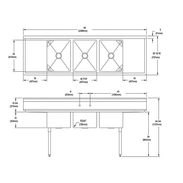 Elkay 3C18X24-2-18X Dependabilt Stainless Steel 94" x 29-13/16" x 44-3/4" 16 Gauge Three Compartment Sink w/ 18" Left and Right Drainboards and Stainless Steel Legs