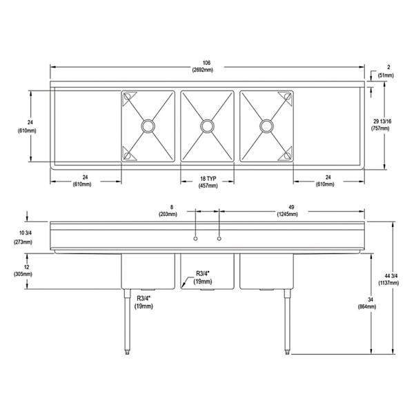 Elkay 3C18X24-2-24X Dependabilt Stainless Steel 106" x 29-13/16" x 44-3/4" 16 Gauge Three Compartment Sink w/ 24" Left and Right Drainboards & Stainless Steel Legs