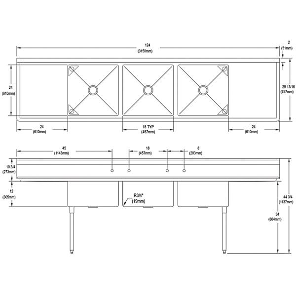 Elkay 3C24X24-2-24X Dependabilt Stainless Steel 124" x 29-13/16" x 44-3/4" 16 Gauge Three Compartment Sink w/ 24" Left and Right Drainboards & Stainless Steel Legs