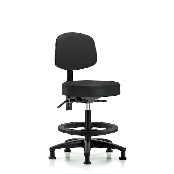 Blue Ridge Ergonomics VMBST-RG-T1-BF-RG-8540 Rutledge Vinyl Stool with Back - Medium Bench Height with Seat Tilt, Black Foot Ring, & Stationary Glides in Black Trailblazer™ Vinyl