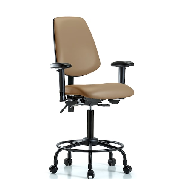 Blue Ridge Ergonomics VMBCH-MB-RT-T1-A1-RC-8584 Rutledge Vinyl Chair - Medium Bench Height with Round Tube Base, Medium Back, Seat Tilt, Adjustable Arms, & Casters in Taupe Trailblazer™ Vinyl