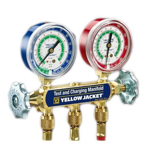 Yellow Jacket 41365 Series 41 2-Valve Test & Charging Manifold Kit, 60" PLUS II Hoses, kg/cm² & PSI, °C, R134a/R404A/R507