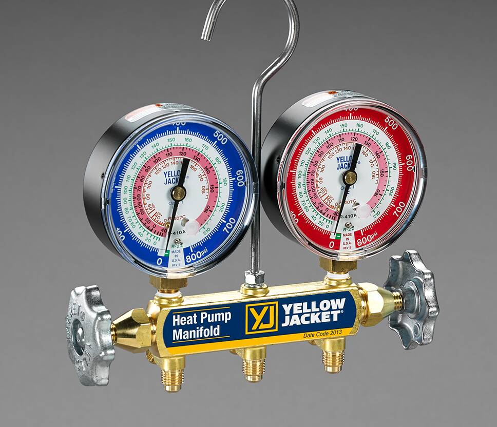 Yellow Jacket 42054 / 42051 Series 41 2-Valve Heat Pump Manifold Gauge Set, 3-1/8" Analog Gauges with 60" Black PLUS II Ball Valve Hoses, 1/4" x 5/16" & 1/4" x 1/4" Fittings, PSI (R410A/R32, °F/°C)