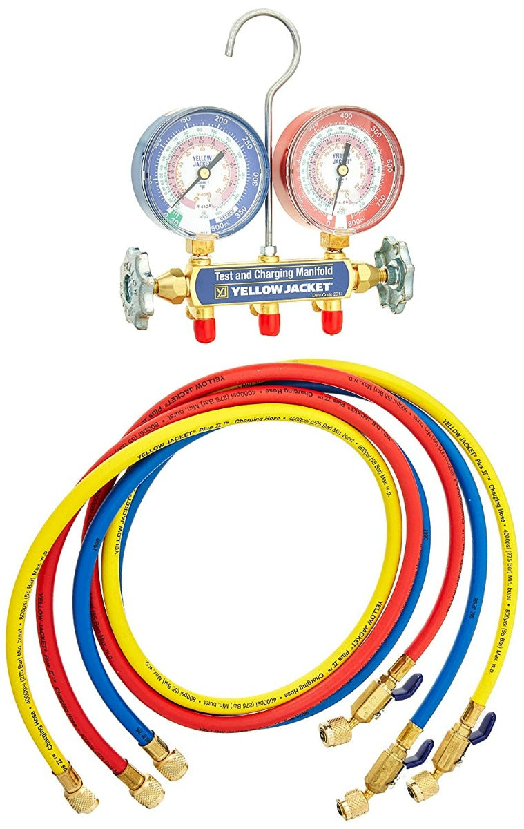 Yellow Jacket 42201 Manifold with 60" PLUS II hose, compact ball valve fittings, psi, R22/404A/410A, °F