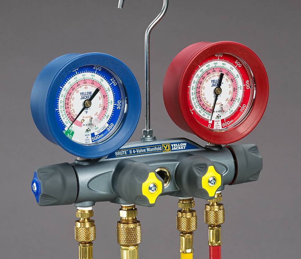 Yellow Jacket 46170 BRUTE II 4-Valve Manifold Only – 5/16" × 3/8" × 5/16" Anchor & Service Fittings, R/B Gauges, Bar/PSI, R32/R410A, °F/°C HVAC Refrigeration Manifold