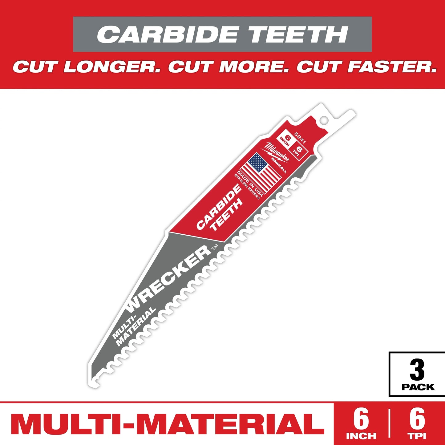 Milwaukee Tool 48-00-5341 6" 6 TPI WRECKER with Carbide Teeth SAWZALL Blade for Multi-Material, 3 EA/PK