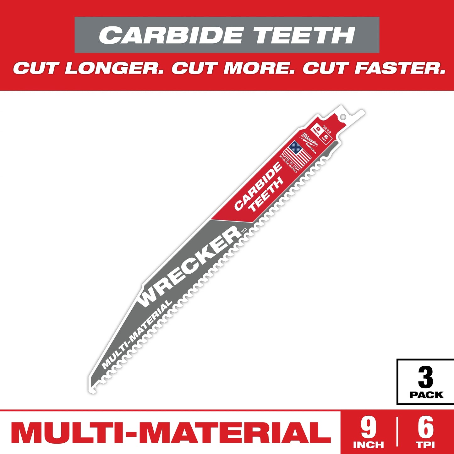 Milwaukee Tool 48-00-5342 9" 6 TPI WRECKER with Carbide Teeth SAWZALL Blade for Multi-Material, 3 EA/PK