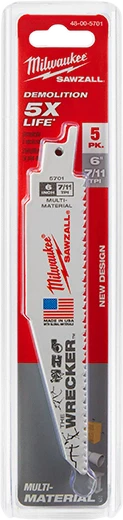Milwaukee Tool 48-00-5701 6" 7/11 TPI WRECKER™ SAWZALL® Blade for Multi-Material (5 PK), 1 PK