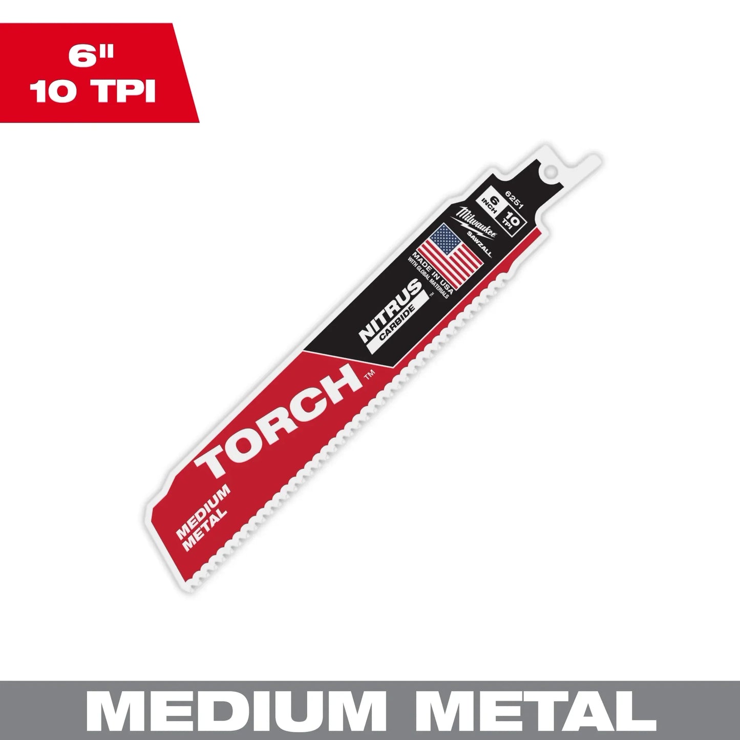 Milwaukee Tool 48-00-6251 6" 10 TPI TORCH™ with NITRUS™ Carbide Teeth SAWZALL® Blade for Conduit and Strut (1 PK), 1 EA